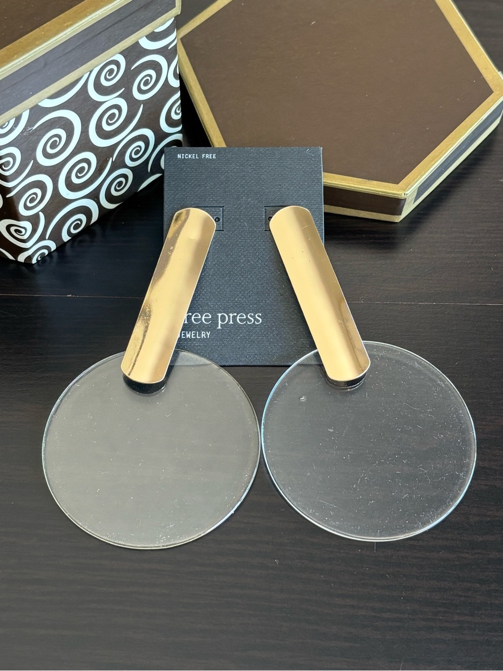 Clear Disc Drop Earrings with Gold Bar Tops
